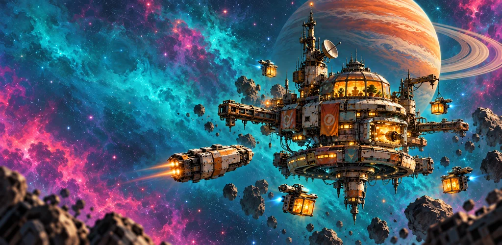 A glowing frontier space station drifting through turquoise and rose-colored nebulae